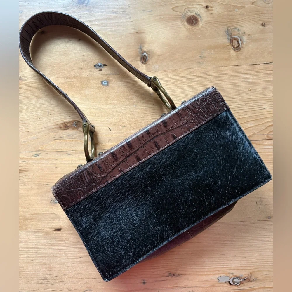 Vintage 90s Preston & York Brown Croc Embossed Leather Black Calf Hair Purse Bag